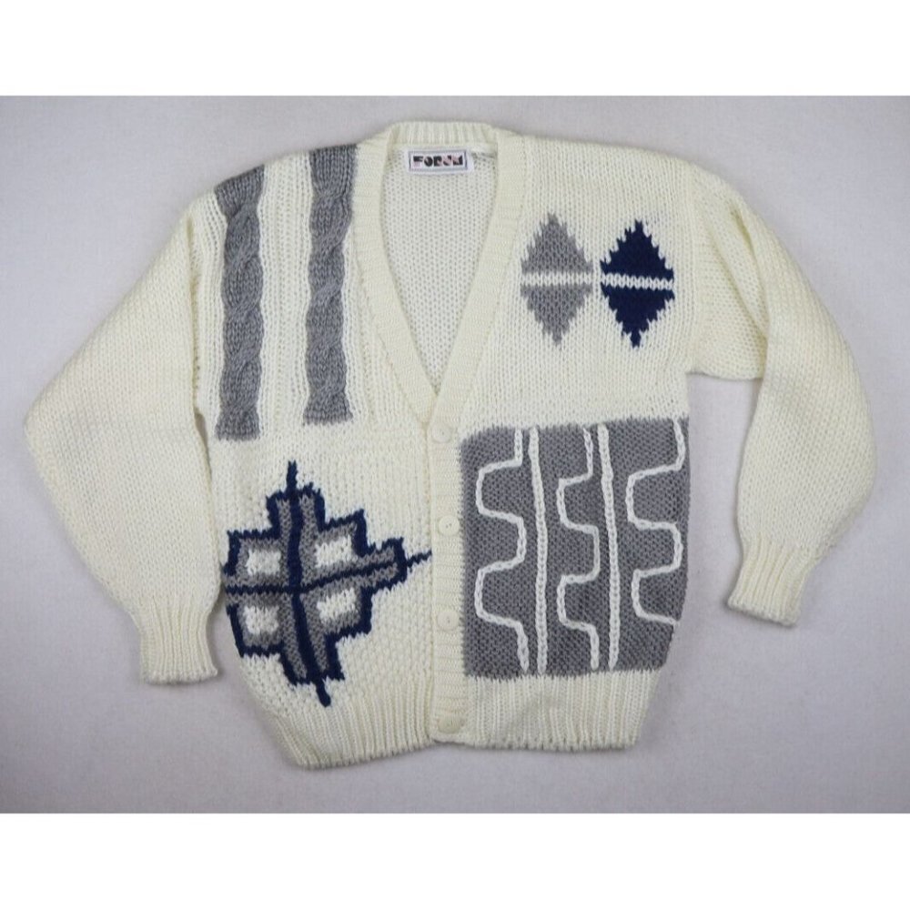 VINTAGE 80'S IVORY BLUE GRAY PRINT CARDIGAN SWEATER - FORUM - SIZE M